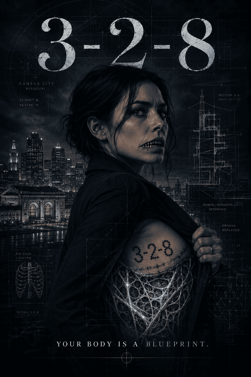 Woman revealing a digital blueprint of her body with futuristic cityscape background.