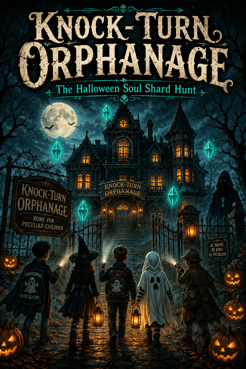 Spooky Halloween scene at Knock-Turn Orphanage with children in costumes and haunted mansion.