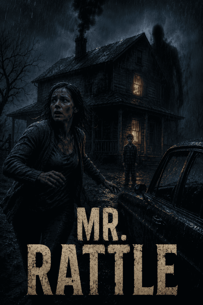 Spooky haunted house with a frightened woman and a boy outside during a stormy night.