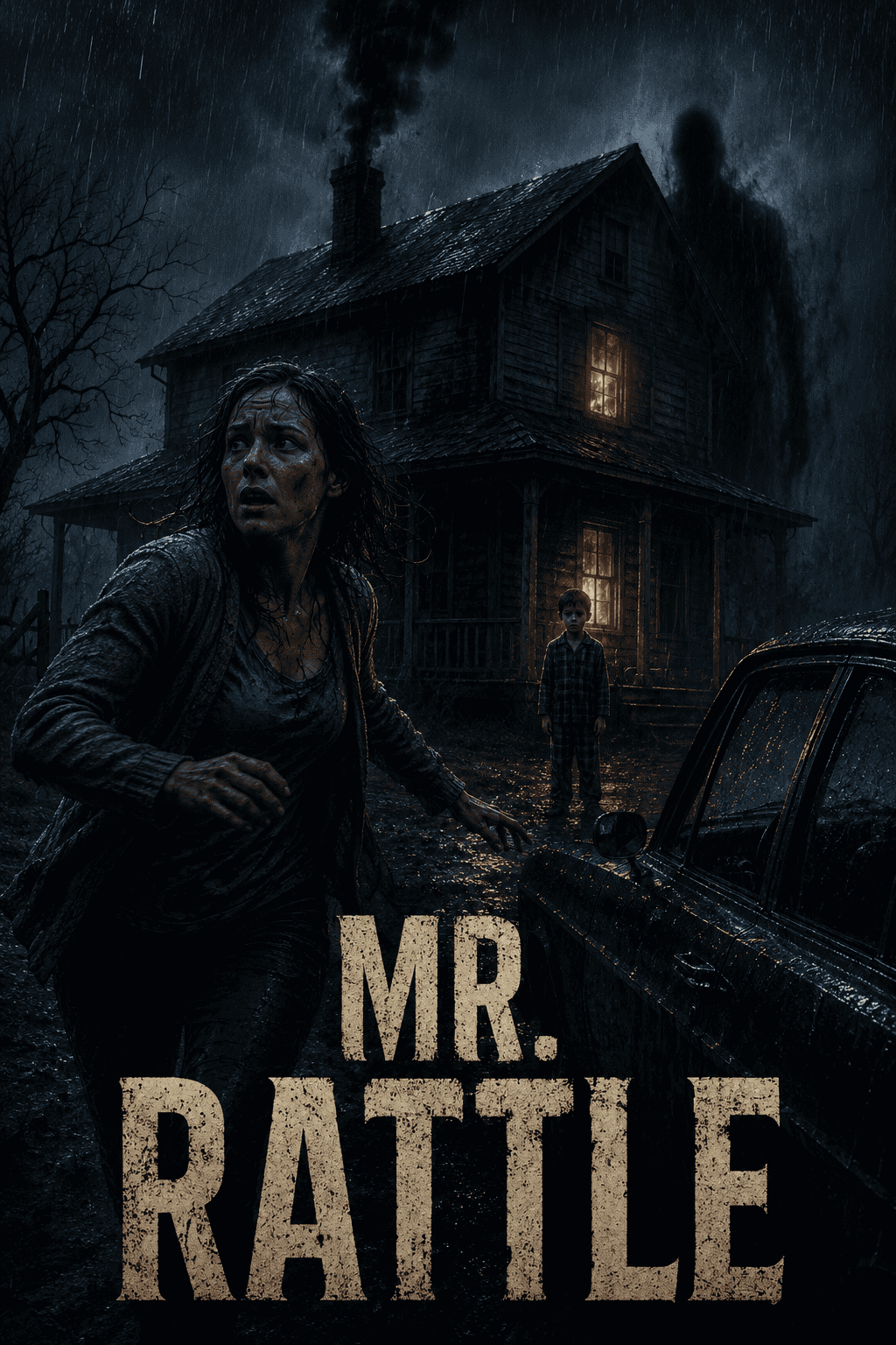 Spooky haunted house with a frightened woman and a boy outside during a stormy night.
