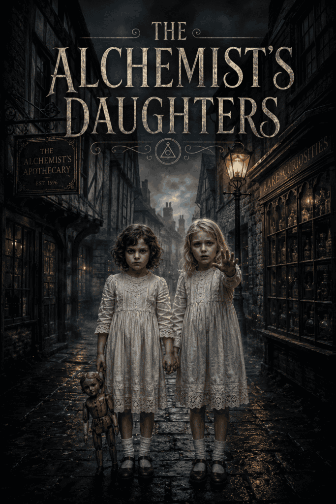 Two young girls in vintage dresses standing on a dark, foggy street with an alchemy shop in the back.