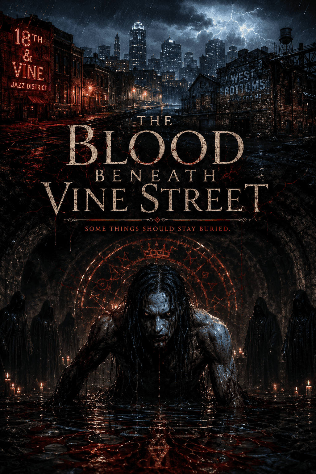 Dark horror movie poster featuring a menacing creature emerging from water in a cityscape at night.