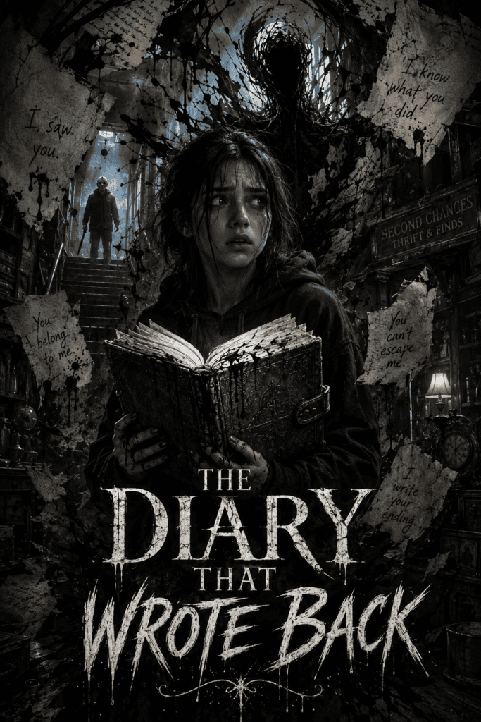 Young woman reading a mysterious, old book in a dark, eerie library setting.