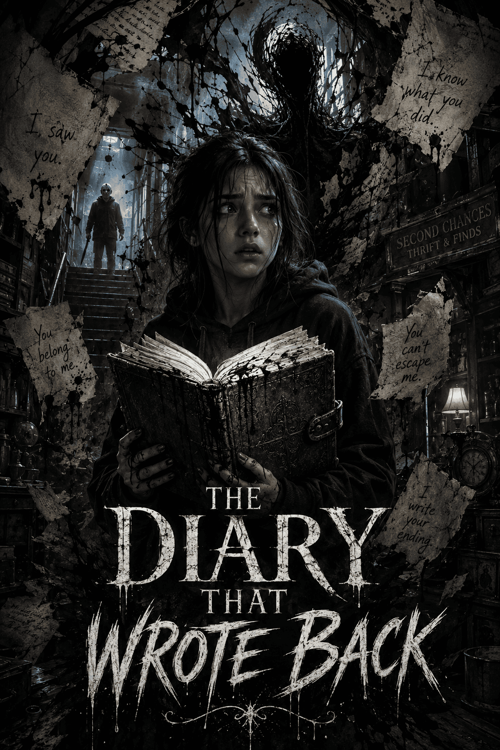 Young woman reading a mysterious, old book in a dark, eerie library setting.