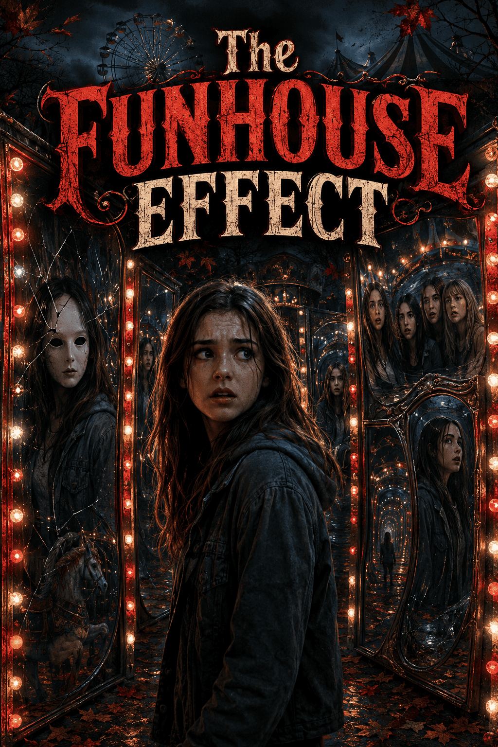 Eerie funhouse with mirrors and haunted faces, creating a spooky carnival vibe.
