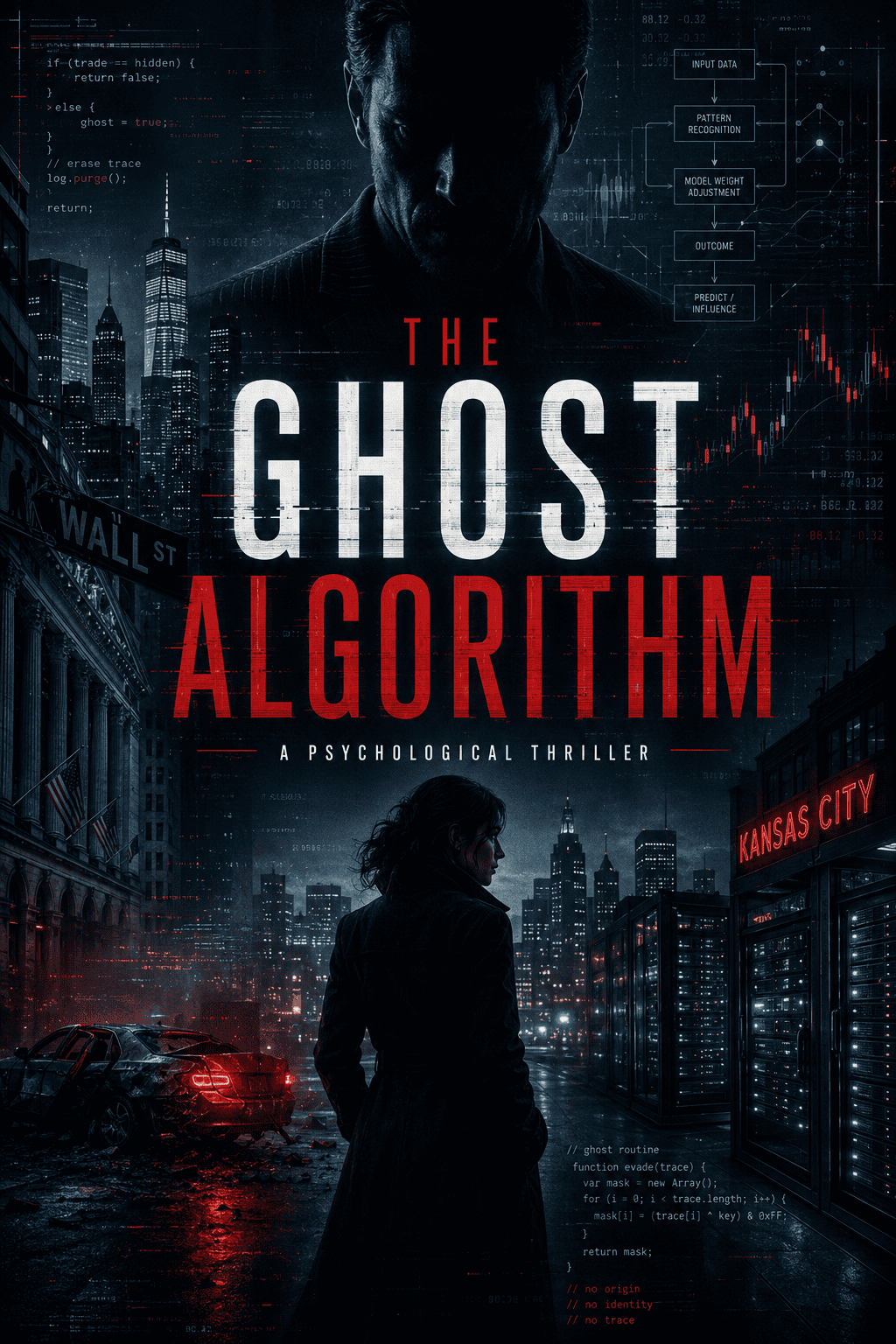 Psychological thriller poster featuring a mysterious figure in a cityscape at night.