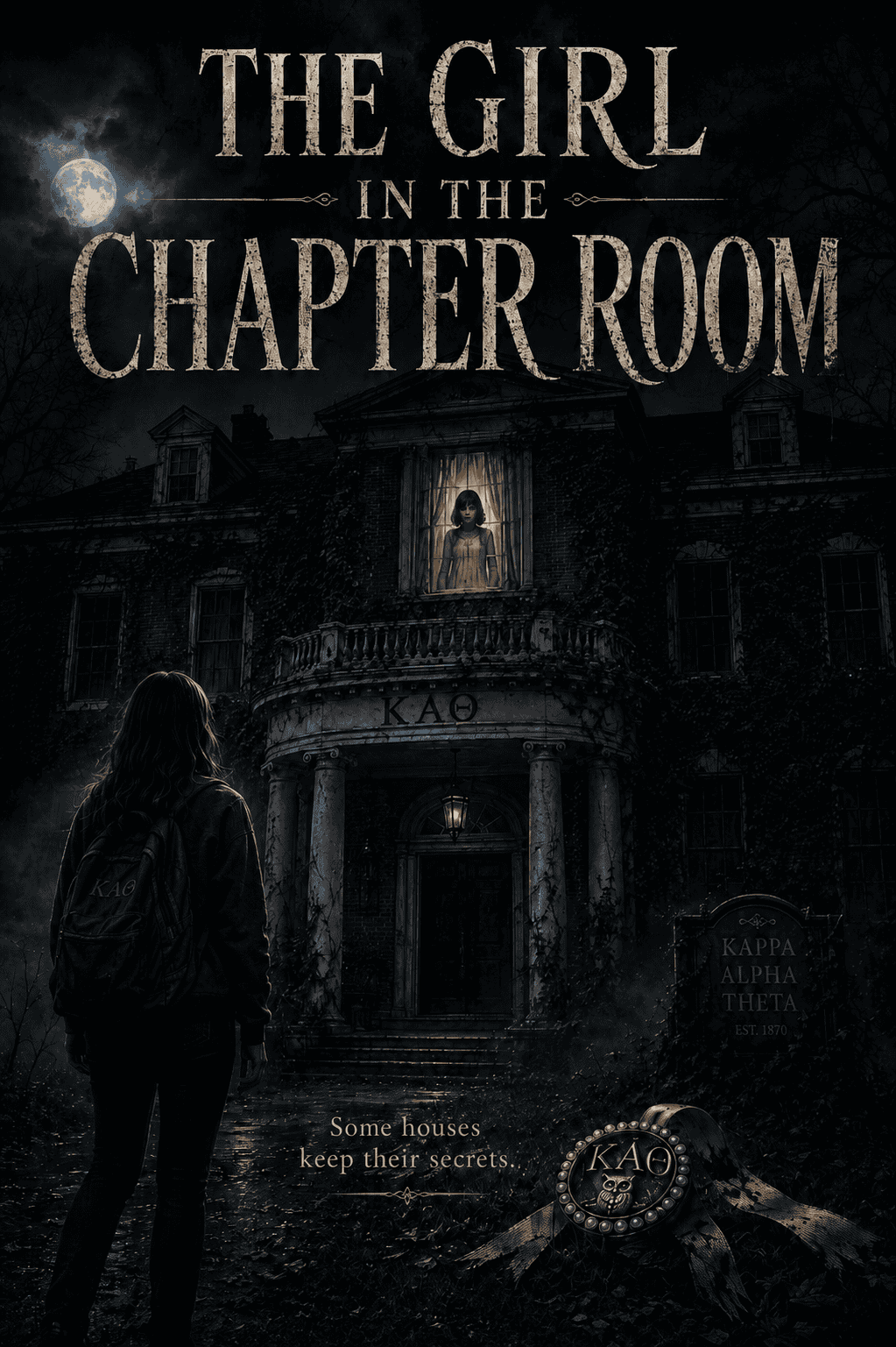 Mysterious girl standing outside a haunted mansion at night, eerie atmosphere.