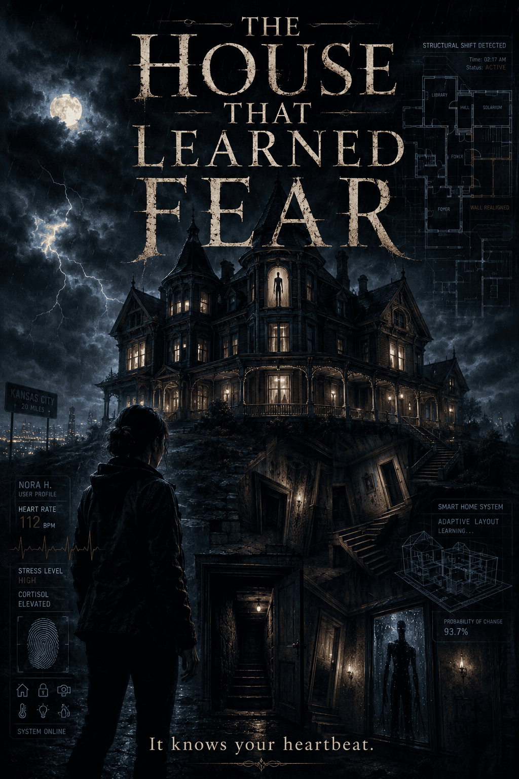 Eerie haunted house at night with lightning, dark clouds, and a mysterious figure outside.
