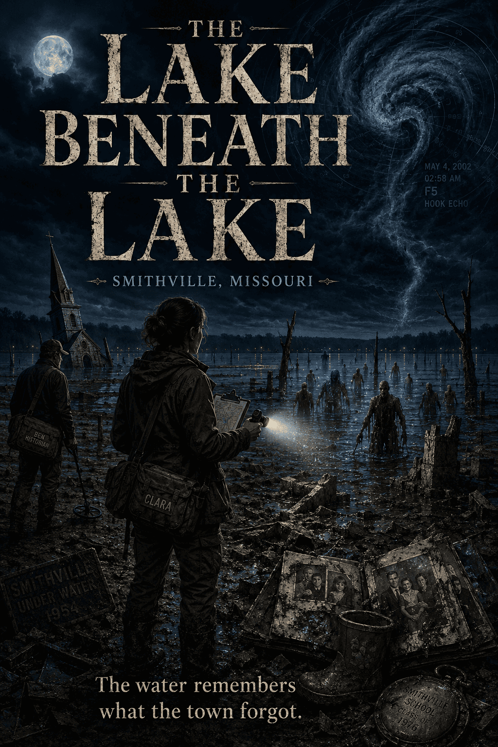 Night scene of a girl with a flashlight by a flooded town lake at night, eerie atmosphere, full moon.