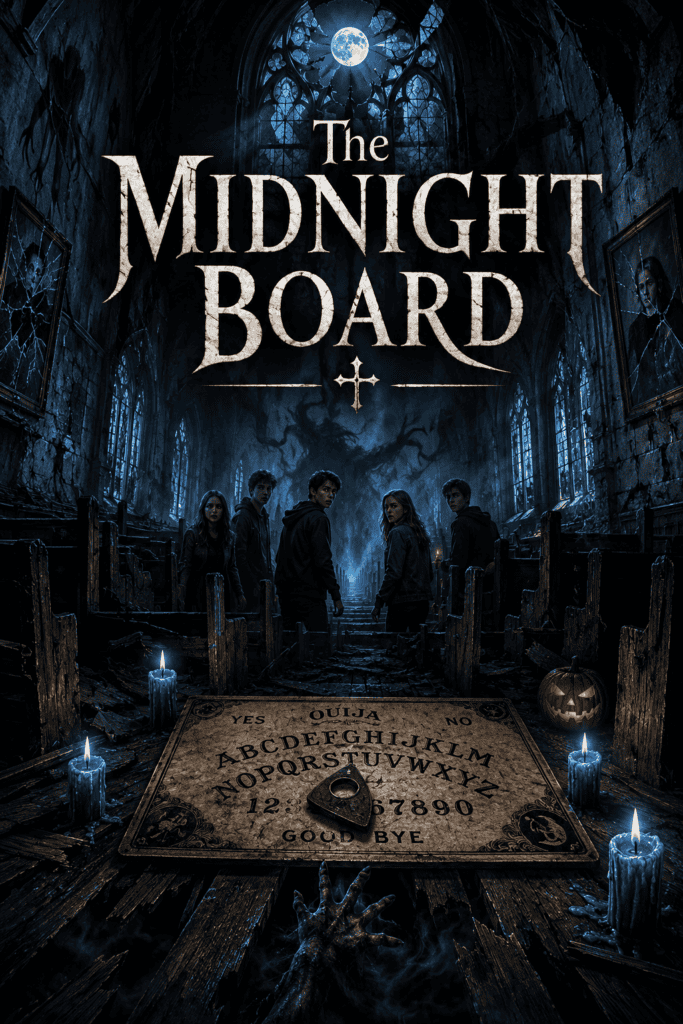 Spooky night scene with a Ouija board and four teens in a haunted church.