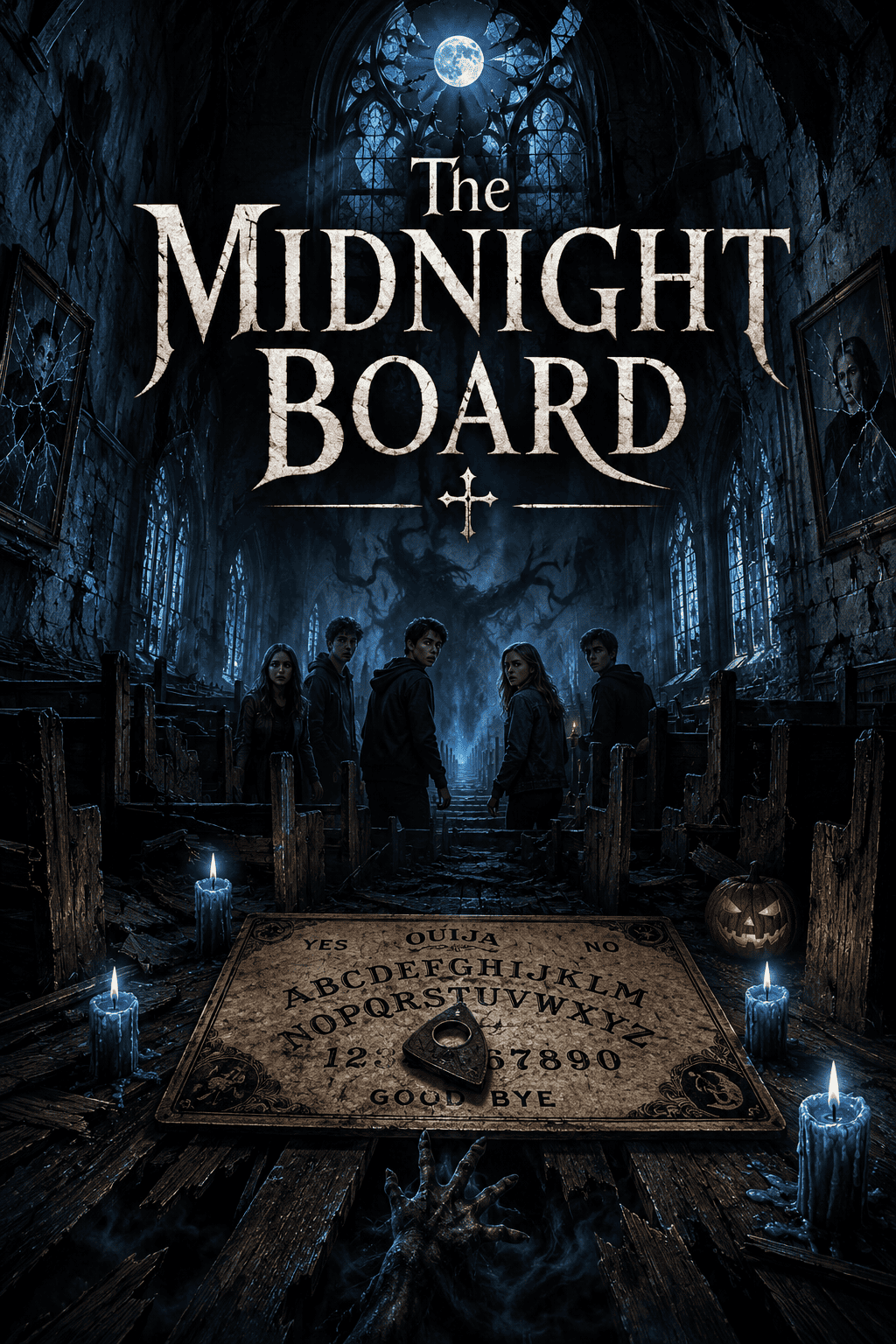 Spooky night scene with a Ouija board and four teens in a haunted church.