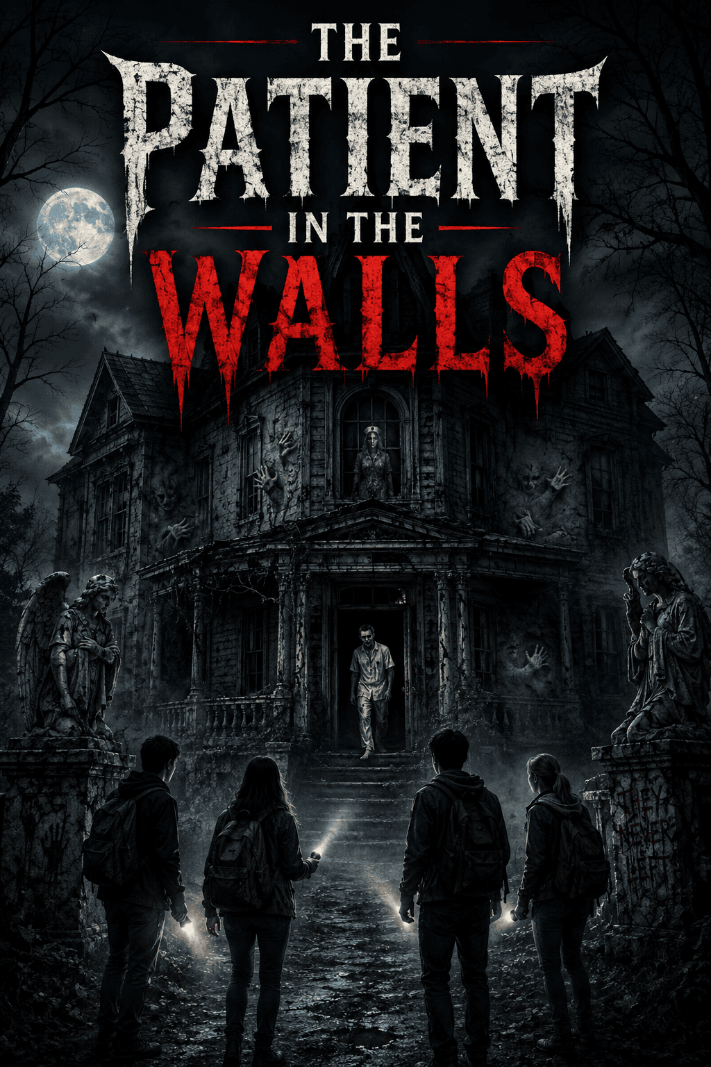 Haunted house with children and spooky atmosphere at night.