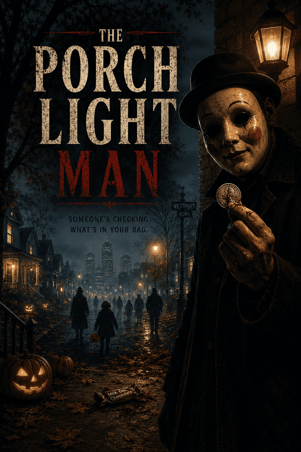 Eerie figure in a mask holding a small object on a dark, foggy street at night.