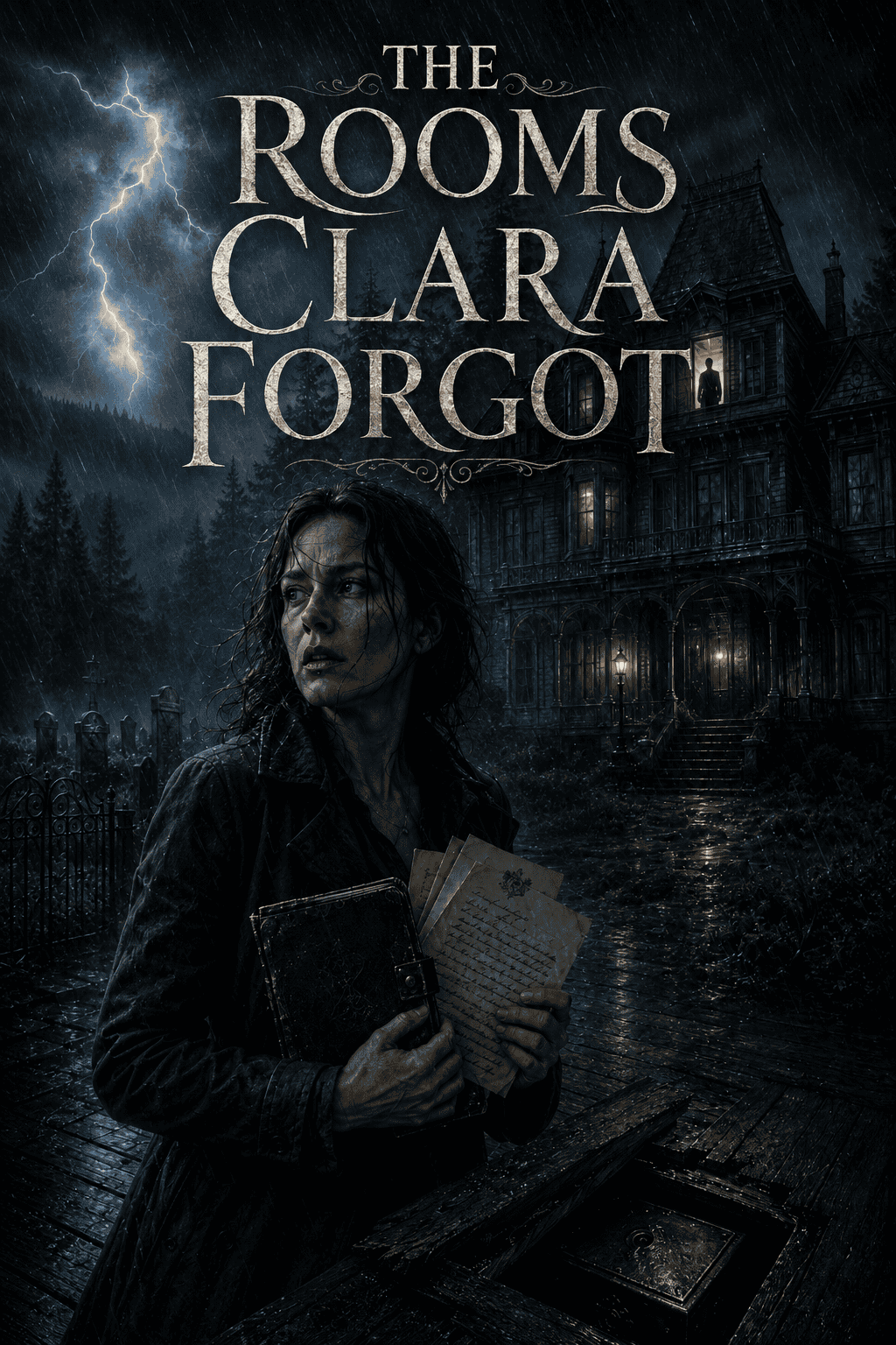 Eerie haunted house with lightning, woman holding a book in front of a dark mansion.