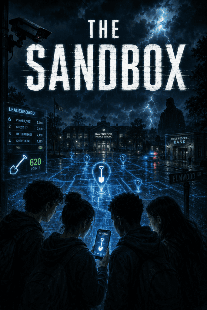 Teenagers exploring a digital game environment with neon grid and lightning in the background.