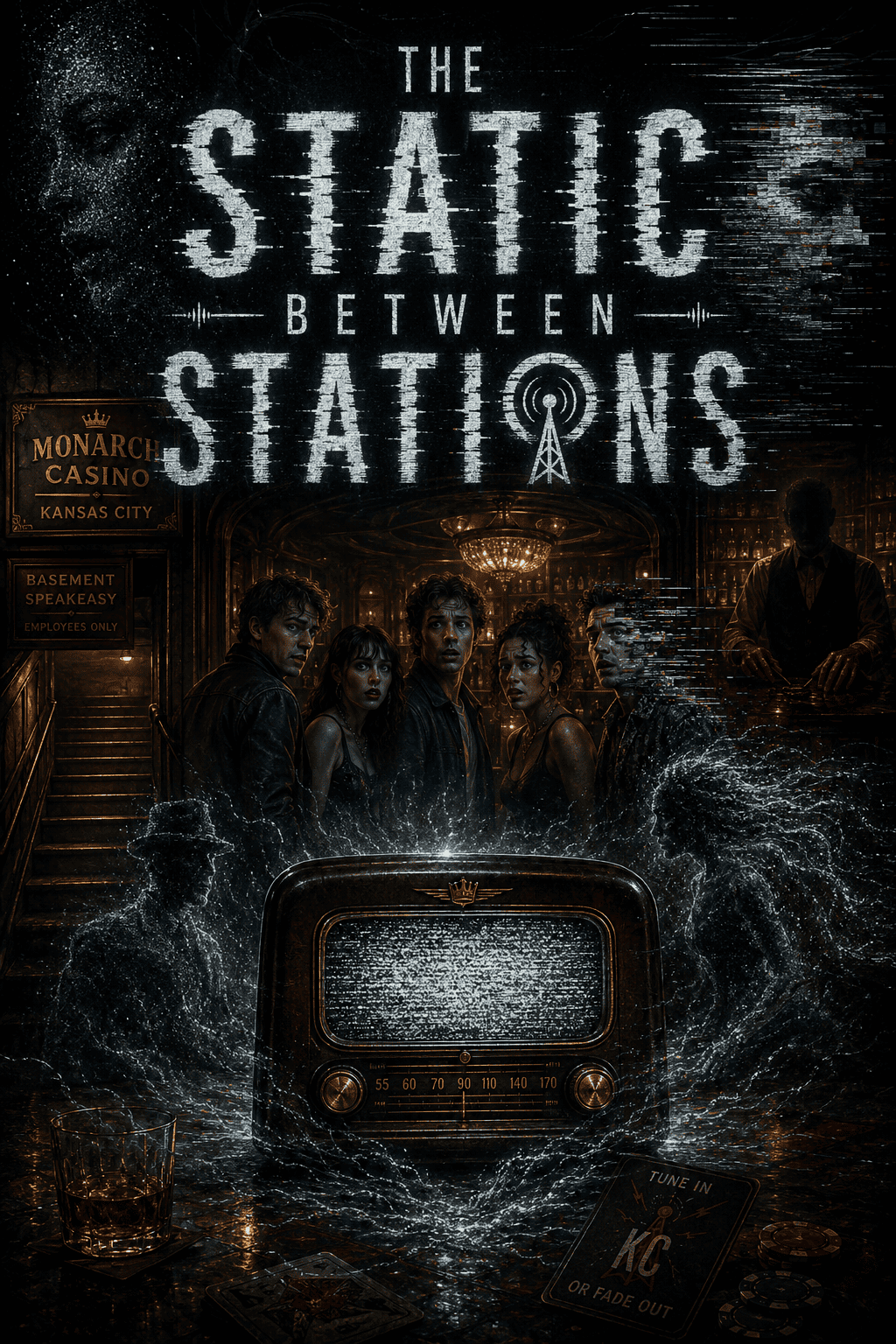 Dramatic scene from AI story "The Static Between Stations" with characters and vintage radio.