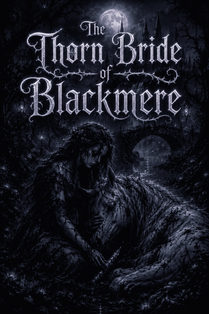 Dark fantasy scene with a woman and a wolf under a full moon in a mystical forest.