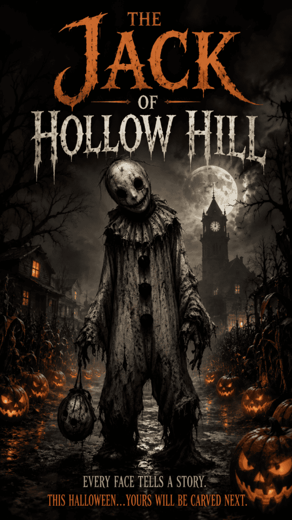 Creepy scarecrow figure in haunted Halloween scene with pumpkins and full moon.